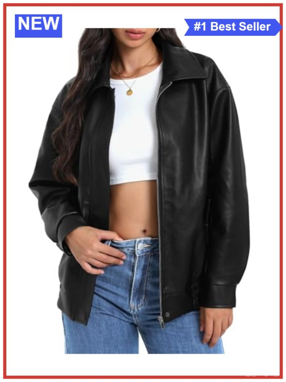 Faux Leather Oversized Motorcycle Jacket Zip Coat